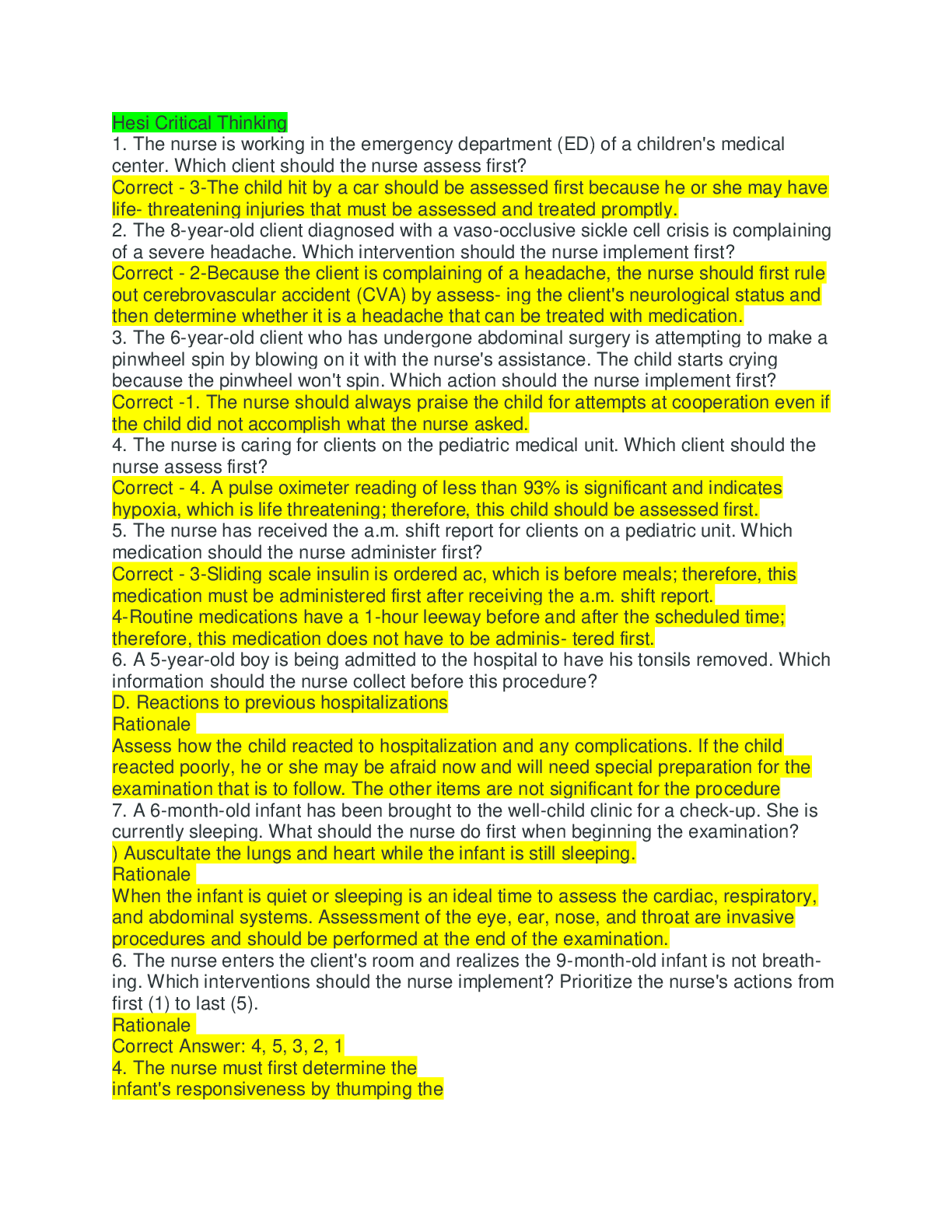 Preview of Hesi Critical Thinking